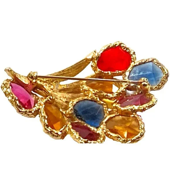 CAPRI Faceted Glass Brooch Bright Gold Tone Modern Multicolor Flower Spray VTG